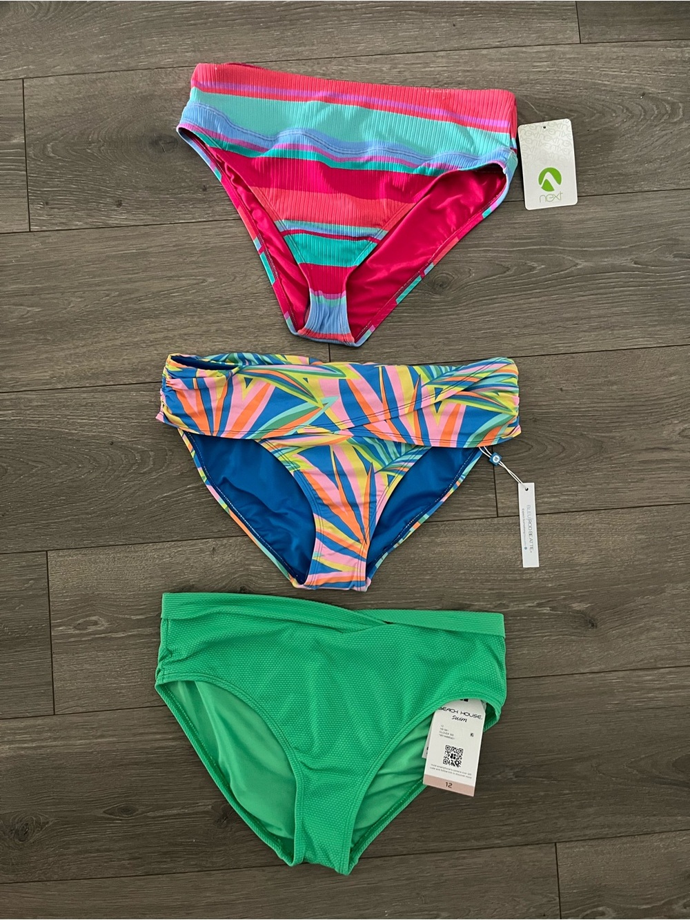 NWT 3 Piece Swim Bottoms Bundle - Hot Pink, Tropical Multi, Green Size 12 & Lrg